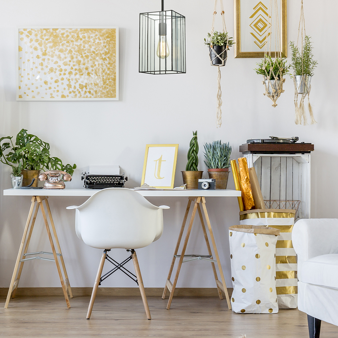 home office with nice lighting and indoor plants